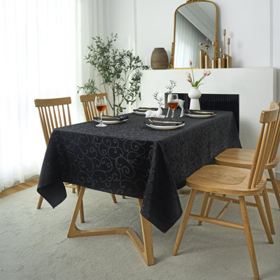 Marina Decoration Jacquard Waterproof Thick Elegant Premium Damask Branch Scroll Decorative Home Kitchen Table Cloth Liquid Repellent and Stain Resistant Tablecloth, Black Color Oblong 52 x 70 Inch