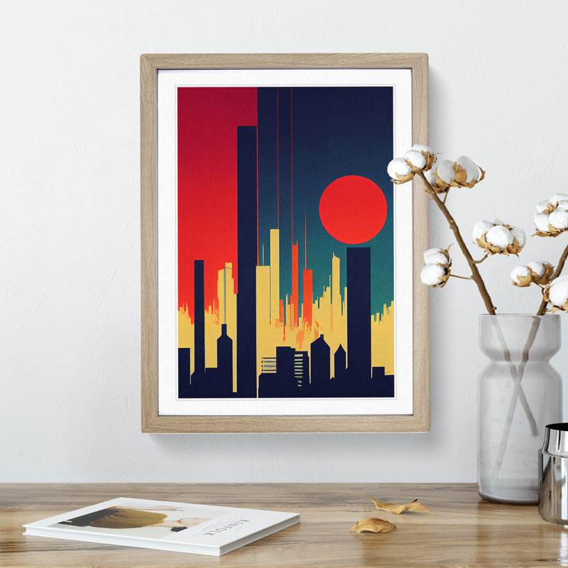 A City Skyline Sunset No.3 Abstract - Wall Art, 64cm H x 46cm W x 2cm D, Oak Framed