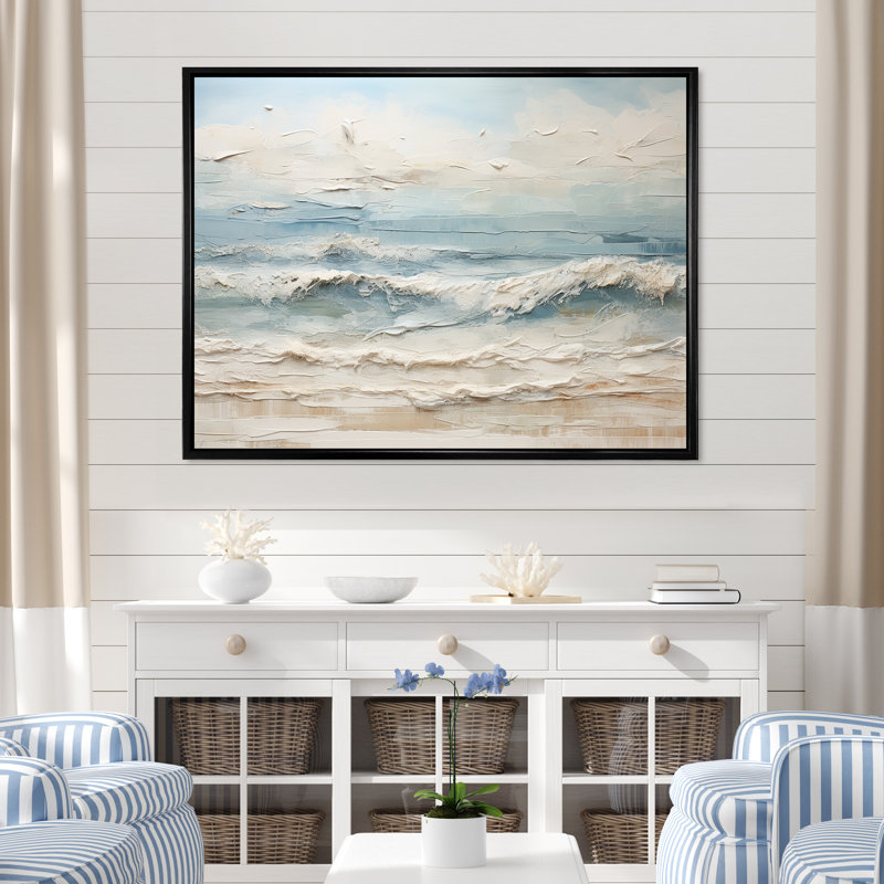 Peinture de plage côtière beige et bleue - Reproductions encadrées de plage côtière, Reproduction avec cadre flottant, Noir
