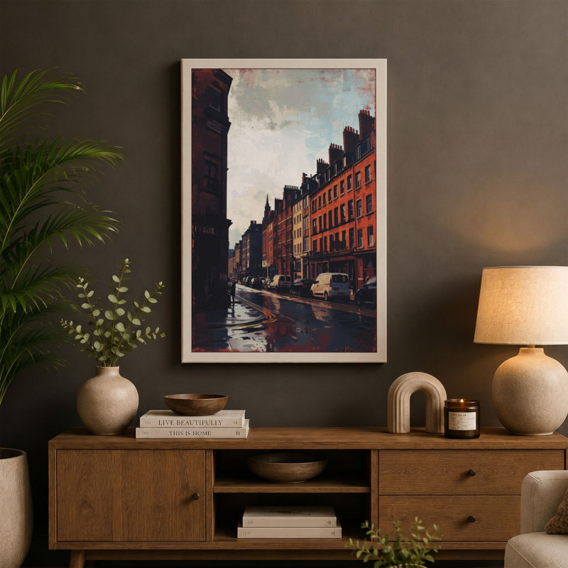 Wet City Street Modern 1 Piece Wrapped Canvas Wall Art, 18x12 - 45.7 x 30.5 cm, Taupe Border