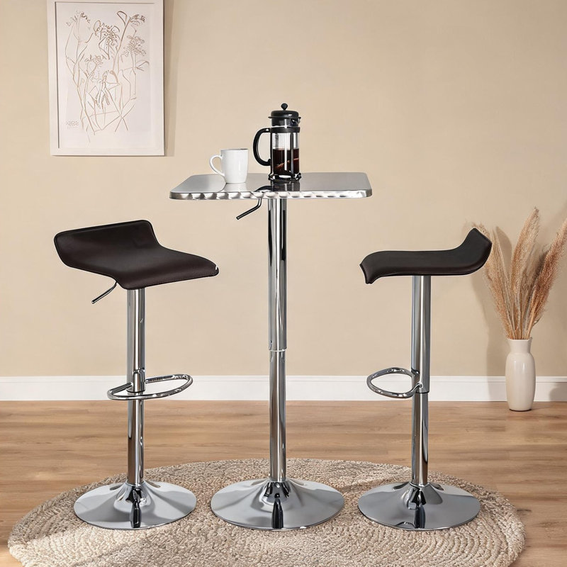 Ensemble de table de pub réglable en PVC brun, ensemble de 3 pièces de table de pub en métal argenté avec 2 tabourets, design carré contemporain