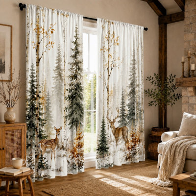 2Pcs Forest Scene Print Curtains, Deer and Pine Trees Pattern, Rustic Style, Vintage Nature Themed Window Drapes for Living Room Bedroom Decoration for Home Dector