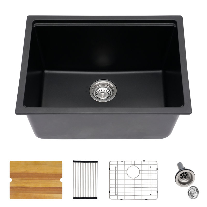 Évier de comptoir encastré 24 po en granite noir mat, Noir mat