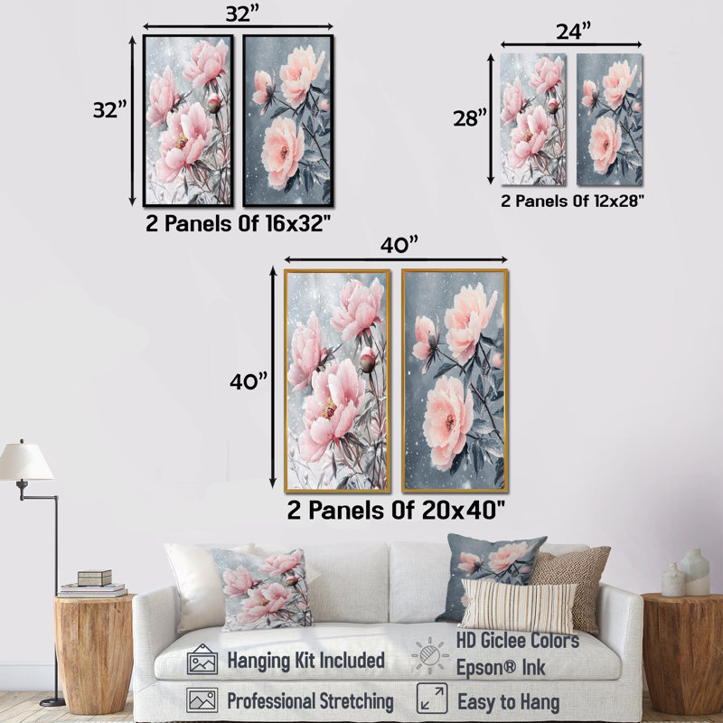 Pivoines au vent d'hiver I - Art mural floral 2 pièces, H 28 po x l 25 po, Toile tendue