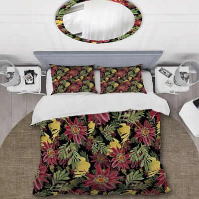 Fleur rouge et feuille verte - ensemble de housse de couette floral - microfibre de polyester