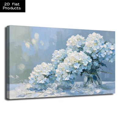 White Hydrangeas in Glass Vase on Soft Pastel Blue & Green Backdrop Canvas Wall Art Print - Gallery Wrap Canvas with Solid Wood Inner Frame