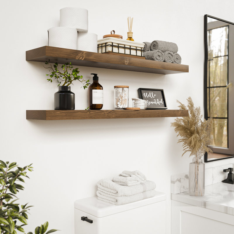 Tablettes flottantes en bois massif, tablettes en bois pour le rangement mural, Noyer, 1.5" H x 36" W x 6.7" D