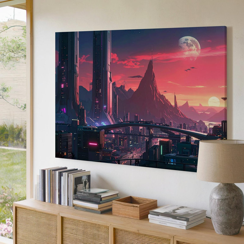 Neon Dusk Sci Fi, paysage urbain sur toile, horizon Cyberpunk, toile, art mural, prêt à accrocher, galerie, décoration intérieure, conception moderne