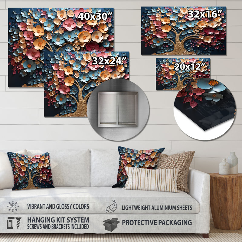 Orchidée dorée colorée, jardin de branches III - arbre, art mural en métal, H 30 po x l 40 po x P 1,5 po
