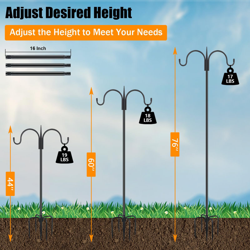 Adjustable Double Shepherds Hook For Outdoor With 5 Prong Base 76 Inch Heavy Duty Two Sided Bird Feeder Pole, Solar Light Lanterns, Wind Chimes 2 Pack