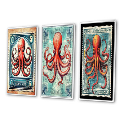 «Retro Stamp Portrait Of Red Octopus», 3 pièces sur toile