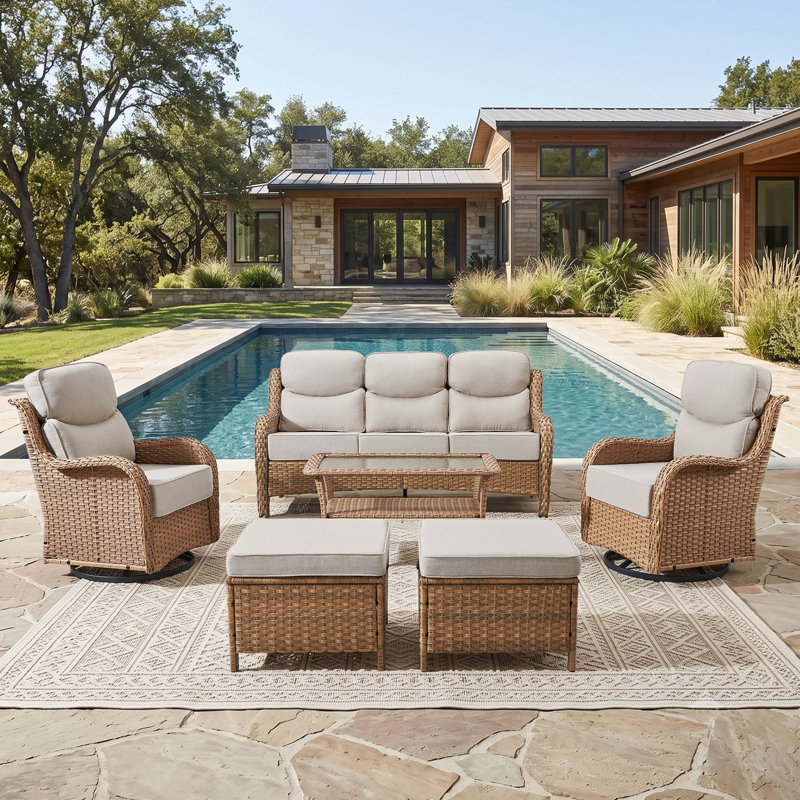 Ensemble de conversation de patio en osier 6 pièces avec chaises pivotantes et table basse, Beige, Jaune