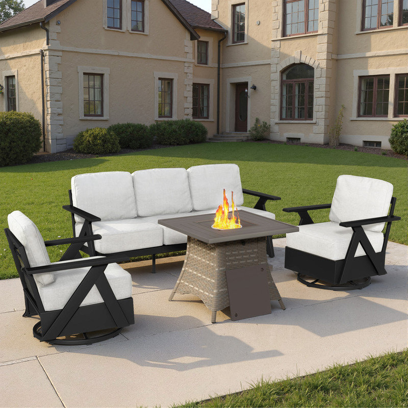 5 - Person Outdoor All-Weather Wicker Patio Conversation Set with Fire Pit Table, Beige