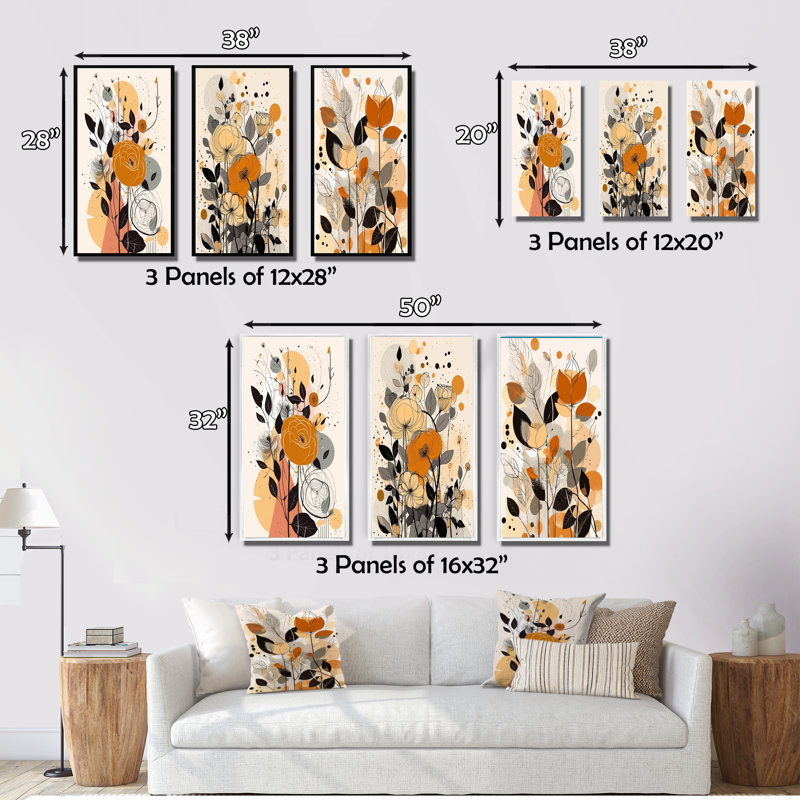 «Retro Terracotta Wildflowers Illustration VII», 3 pièces sur toile, Toile tendue, H 32 po x l 48 po