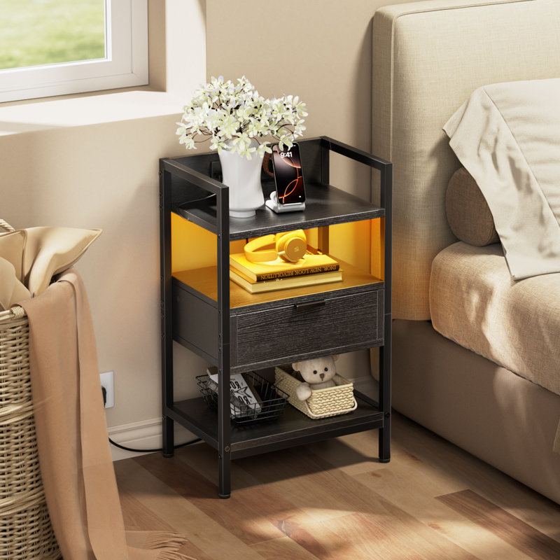 Night Stand With Charging Station, LED Nightstand With Storage Shelf & Wooden Drawer, 3-Tier Bedside Table For Bedroom, End Table Living Room, Small Space, Black