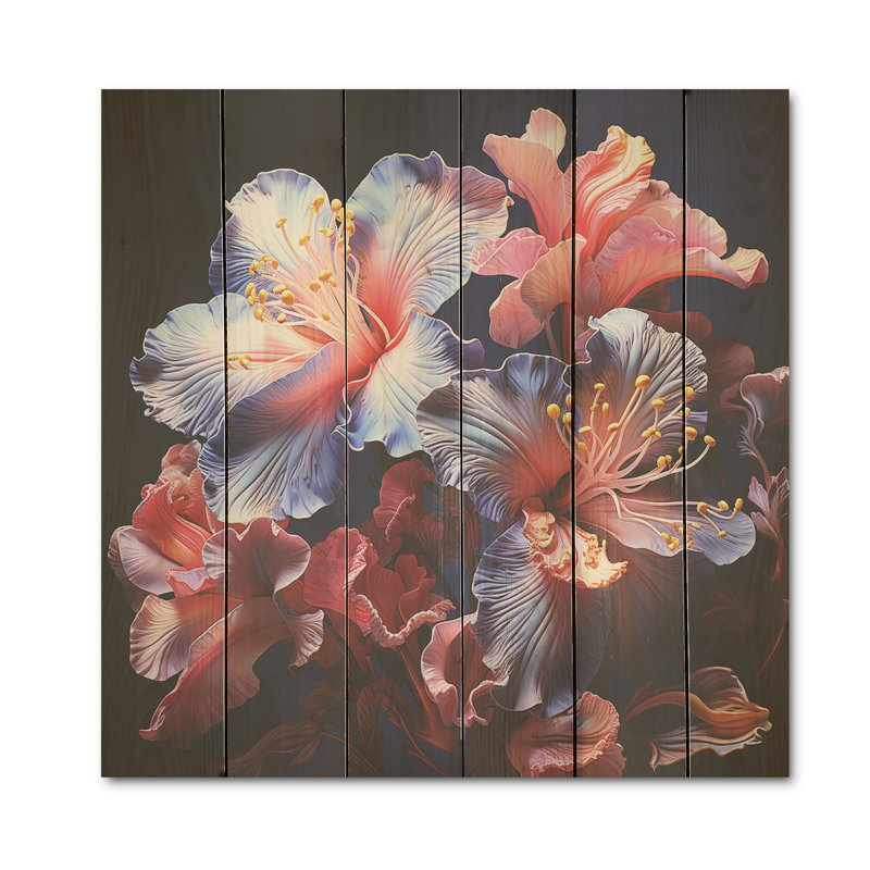 Coris et mauves iris Nocturnal Whispers - Art mural en bois d'iris sur bois de pin naturel, H 30 po x l 30 po