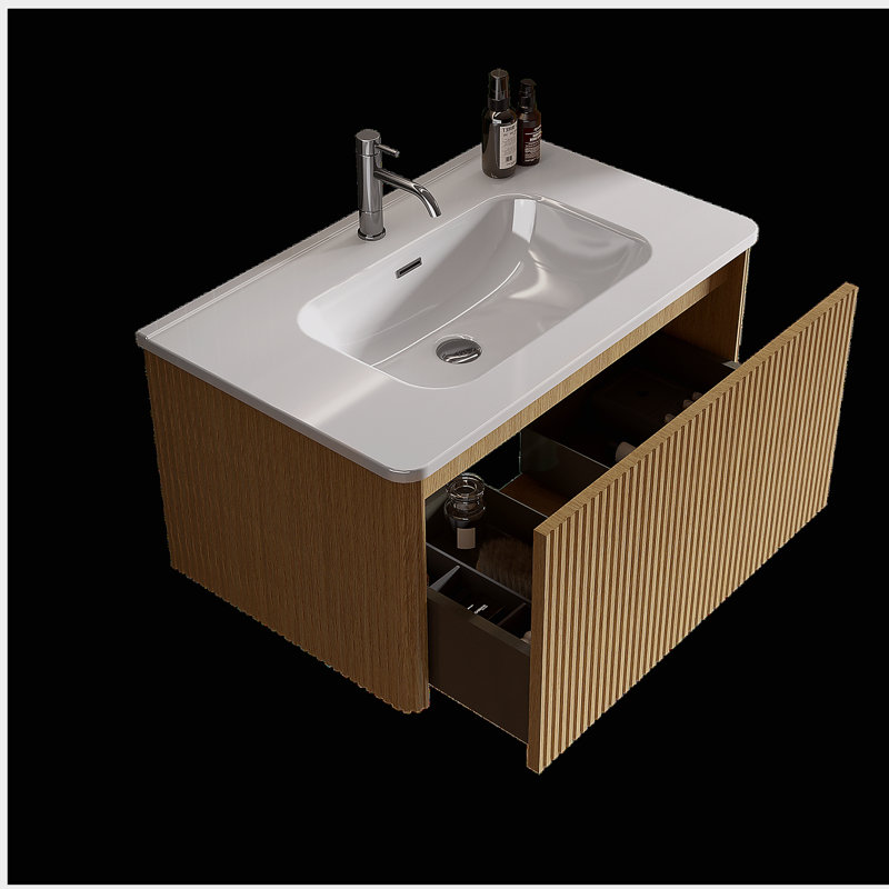 Lavabo de salle de bain en chêne naturel rayé de 30 pouces, avec cuve en céramique blanche, lavabo flottant suspendu pour salle de bain moderne, cuve blanche intégrée sans trou de bonde, pré-assemblé