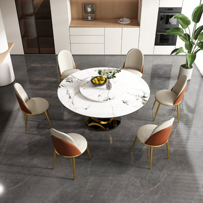 Ensemble de salle à manger 7 pièces, pierre frittée, 7 pièces, table et chaises, or + noir/blanc, table ronde en pierre frittée avec plateau tournant et 6 chaises