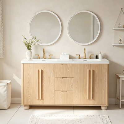 59.1" Natural Wood Grain Bathroom Vanity with Double Resin Sinks, Solid Wood Handles, Soft-Close Doors & 3 Drawers