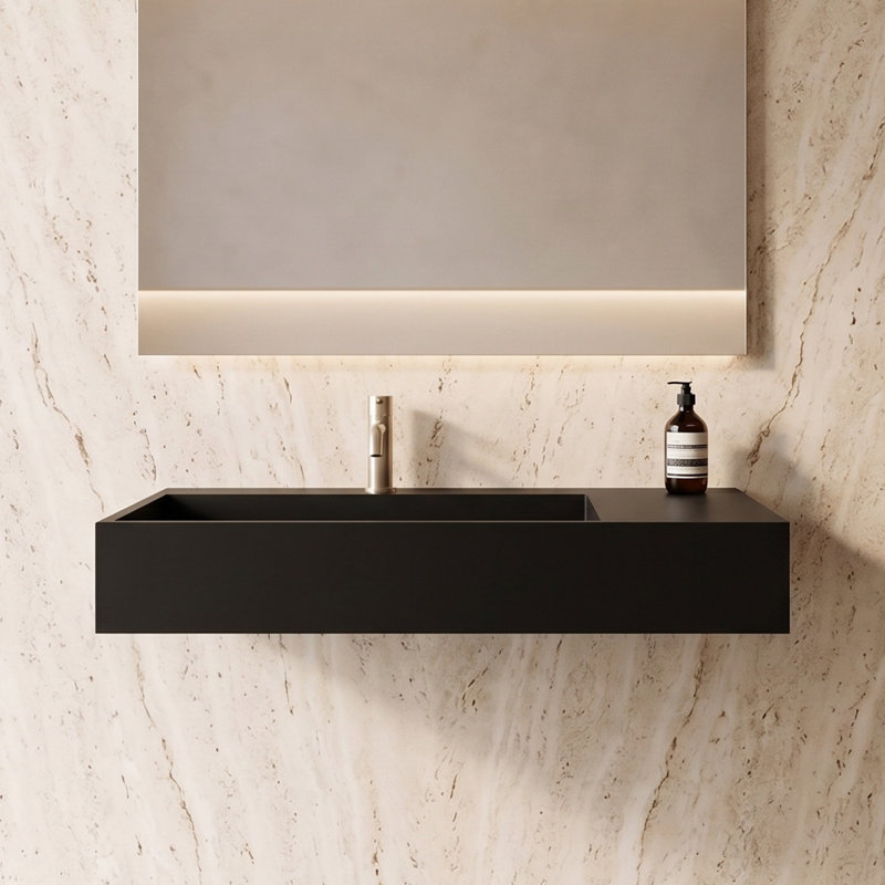 Juniper 36" Solid Surface Wall Mount Modern Minimalist Left Basin Bathroom Sink and LED Mirror Set, Black