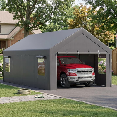 Tente portative d'abri d'auto 10 x 20 pi, abri de voiture imperméable robuste avec parois latérales amovibles, portes et fenêtres enroulables, cadre en acier galvanisé pour le rangement de voiture, camion, bateau, fête et extérieur