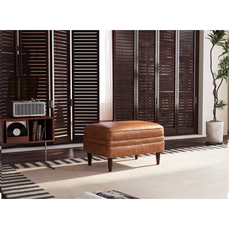 Fauteuil et repose-pieds Leyla en cuir véritable, accoudoirs carrés, avec repose-pieds assorti., Miel