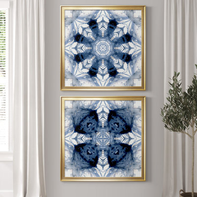 Indigo Kaleidoscope III - Matted and Framed Under Acrylic Glass, Set of 2, Large Living Room Wall Art