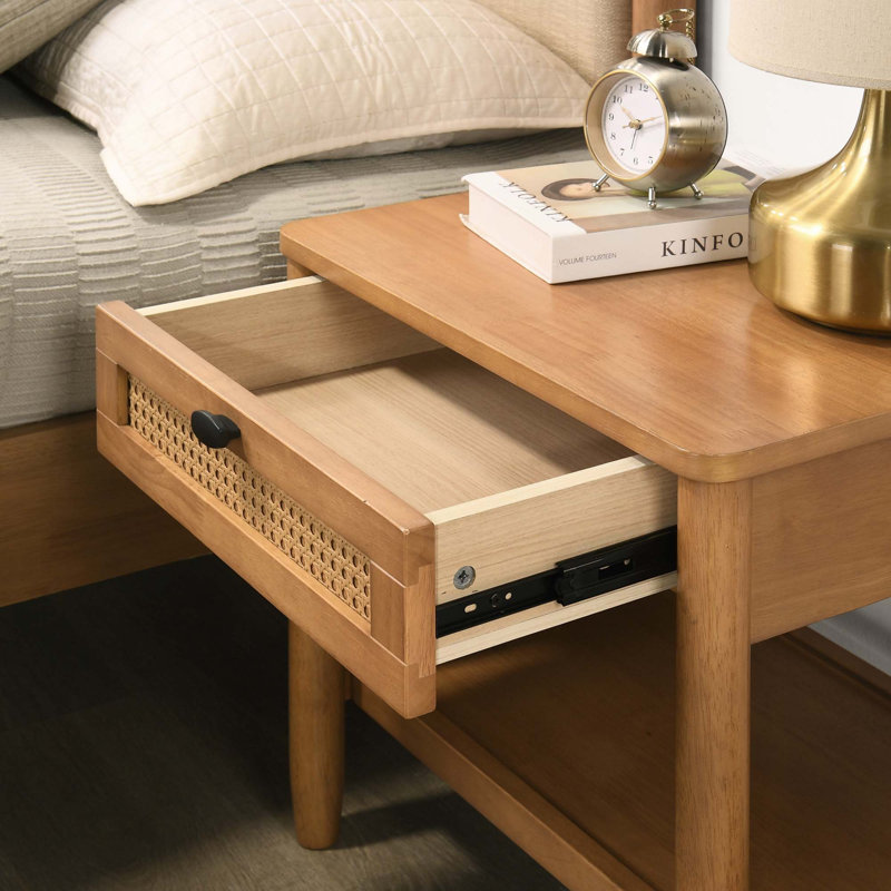 Ensemble de chambre à coucher en hévéa, lit plateforme avec table de chevet, Lit, deux tables de chevet