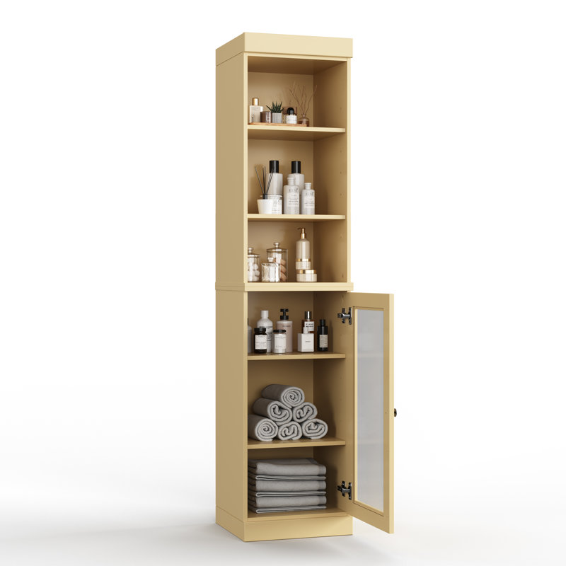 100% Solid Wood 16.5" Bathroom Storage Cabinet with Clear Glass Doors and Adjustable Shelves, Yellow