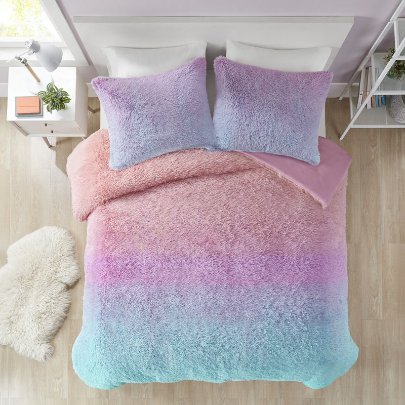Ensemble d'édredon en fausse fourrure Primrose, Édredon simple / simple TG + 1 taie décorative s, Turquoise / rose / mauve