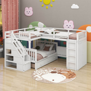 Twin Twin Over Full Bunk Bed With Drawers,Desk And Wardrobe