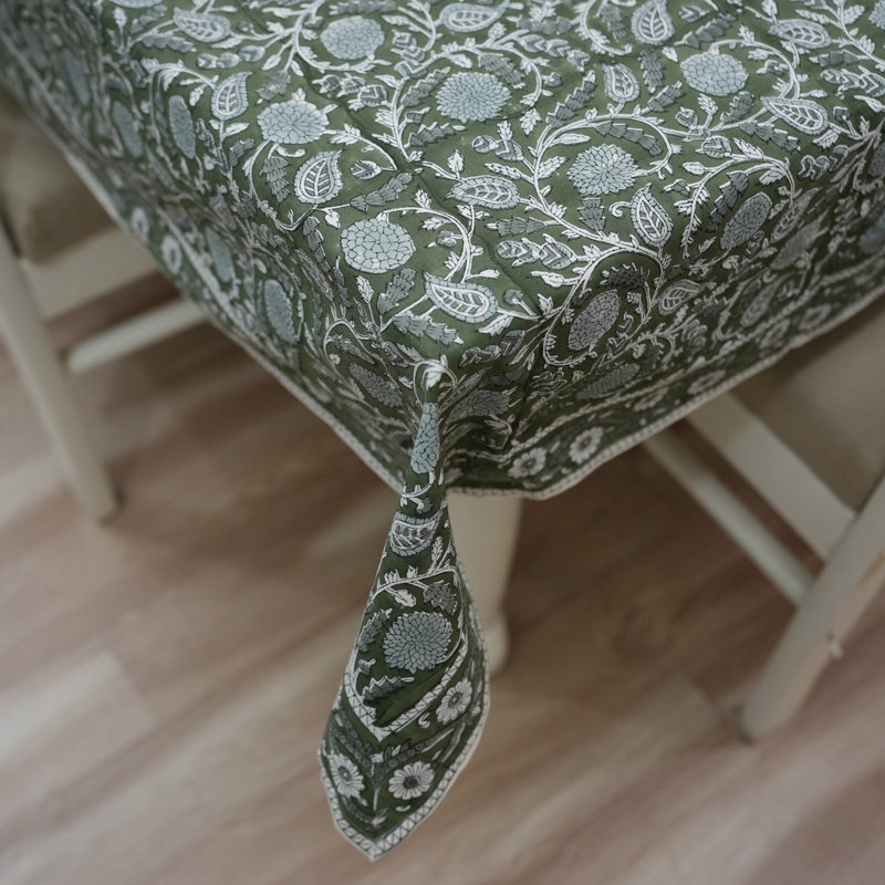 Botanical Block Print Table Cover – Olive Serenity, Gopi, Green, 60" W x 90" L
