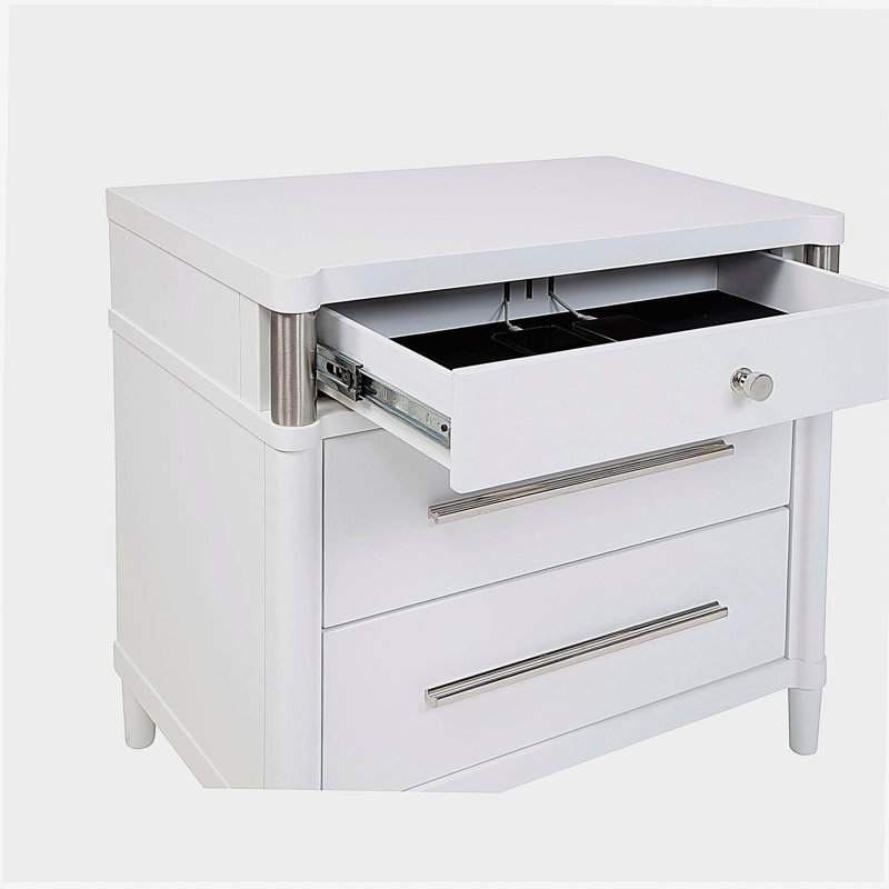 Table de chevet 3 tiroirs avec tiroir supérieur doublé de feutre, blanc