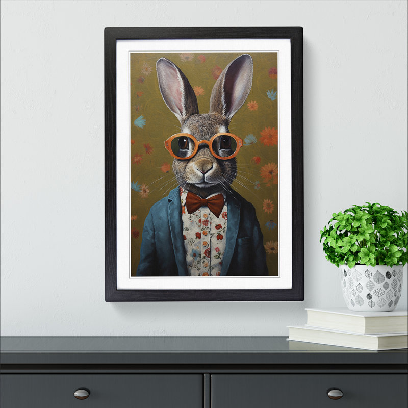 Rabbit With Glasses No.2 - Framed Print, 64cm H x 46cm W x 2cm D, Black Framed