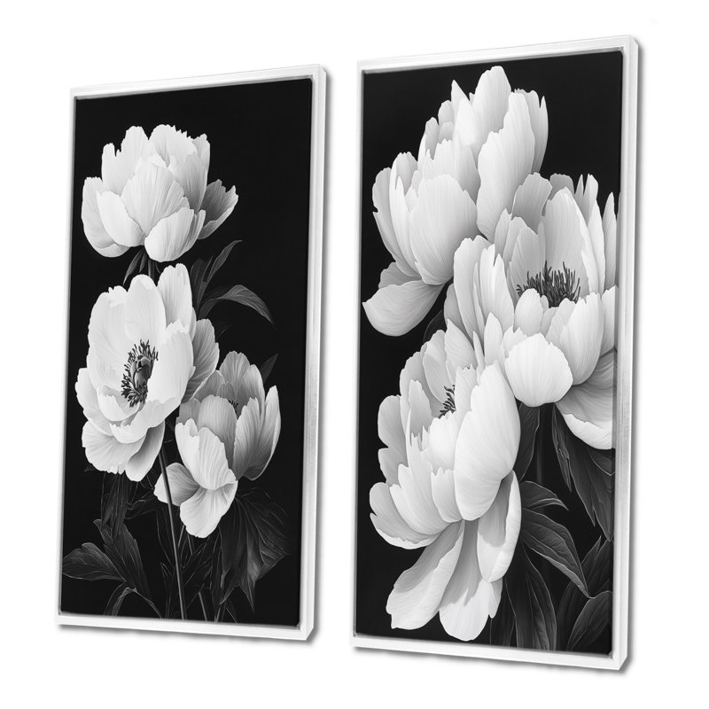 Mono-pivoines avec veines foncées III - art mural floral 2 pièces, H 28 po x l 25 po, Impression encadrée flottante, Blanc