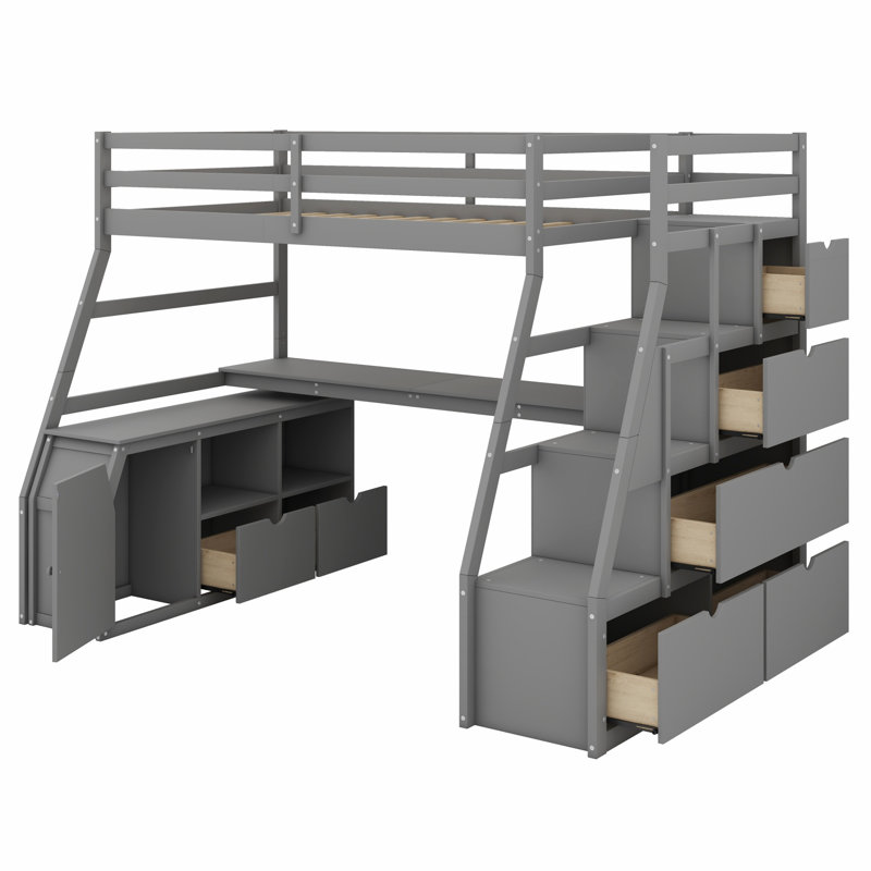 Lit mezzanine tout-en-un avec bureau, tiroirs, tablettes, Gray