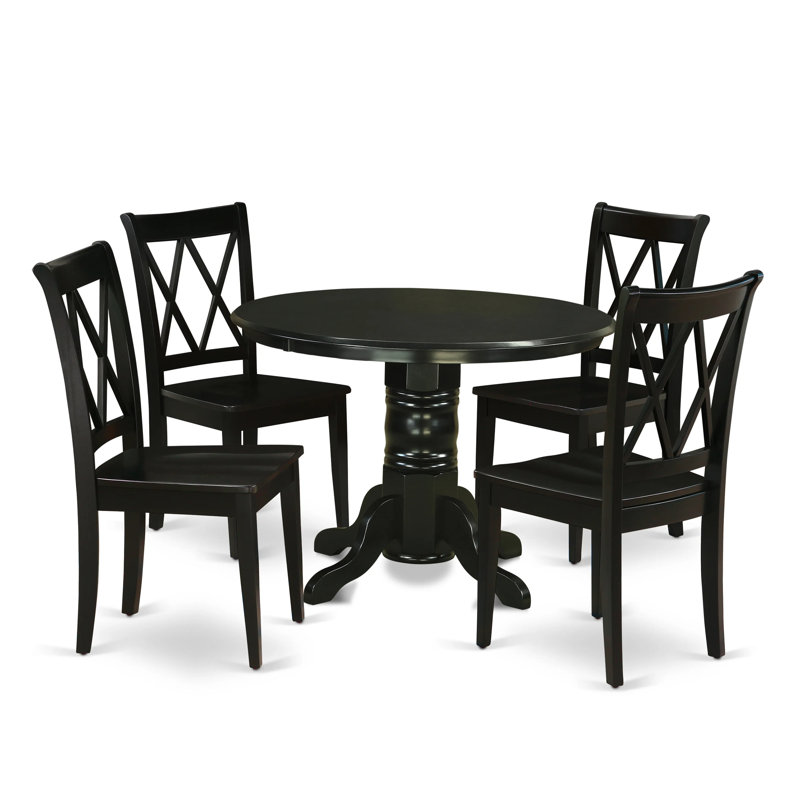 5 Piece Dining Room Table Set Includes a Round Wooden Table with Pedestal and 4 Kitchen Dining Chairs, Black, Black, Wooden
