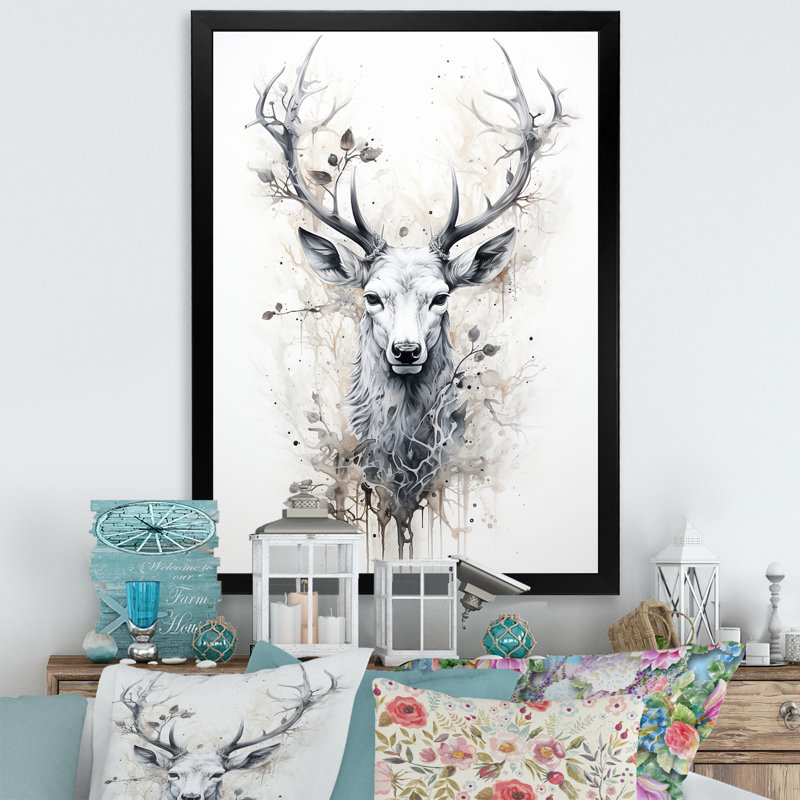 Portrait de cerf noir et blanc sur toile, H 32 po x l 24 po x P 1 po, Cadre simple noir