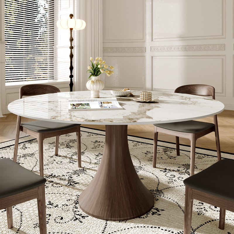 Stone Round Hower With 4/6 Premium Solid Wood Leather Dining Chairs, 7, Sand, 29.52" H x 53.15" W x 53.15" D