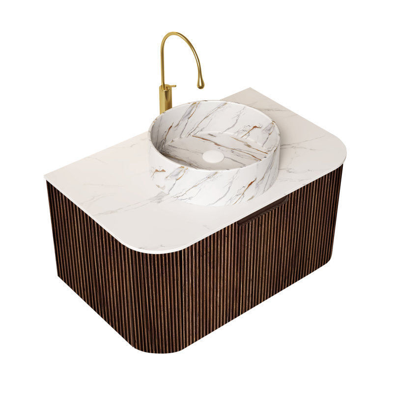 Meuble-lavabo mural moderne avec lavabo, lavabo en céramique de haute qualité, finition noyer foncé