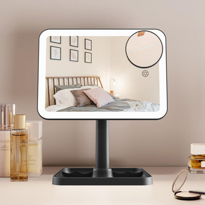 Rechargeable Vanity Mirror with 10X Magnification, 3-Color Dimmable LED & Storage Base
