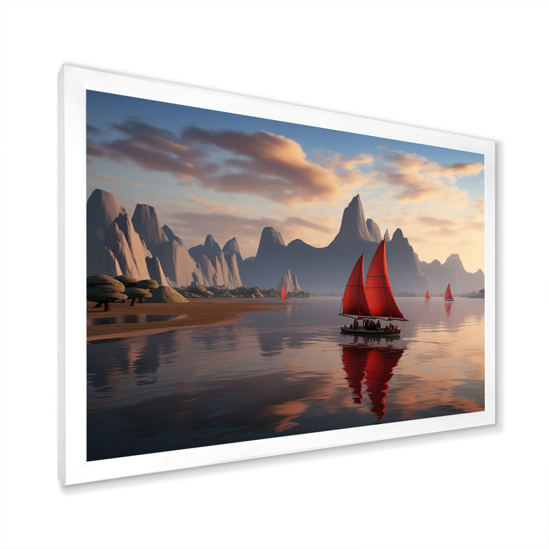 Voilier rouge naviguant dans un coucher de soleil arctique sur toile, Cadre simple blanc, H 16 po x l 32 po x P 1 po