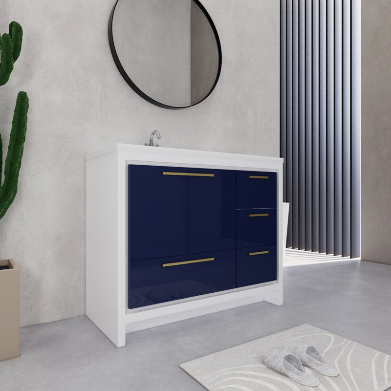 Mihrtad Eden 42" Left Single Sink Bathroom Vanity Set, Gloss White/Blue
