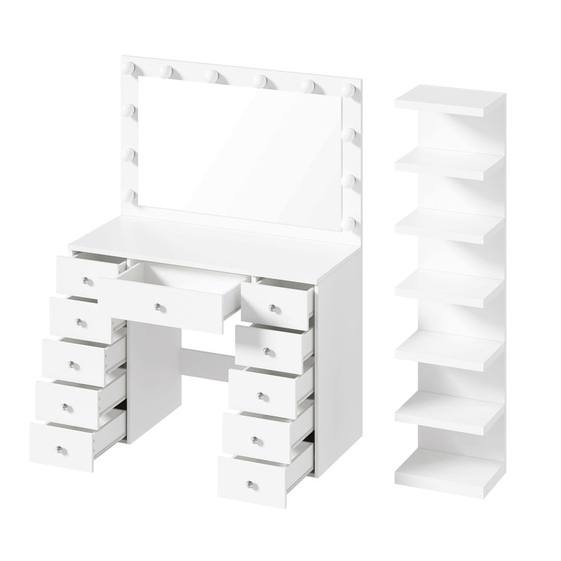 Vanity Desk With 11 Hollywood Bulbs & 7-Tier Storage Shelves , Makeup Vanity Desk With Power Outlet And 11 Drawers, 3 Color Lighting Modes, Dressing Table With Display Shelf Crystal Handles
