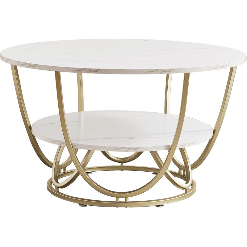 30 Inch White Marble Print Coffee Table with Gold Frame and Storage