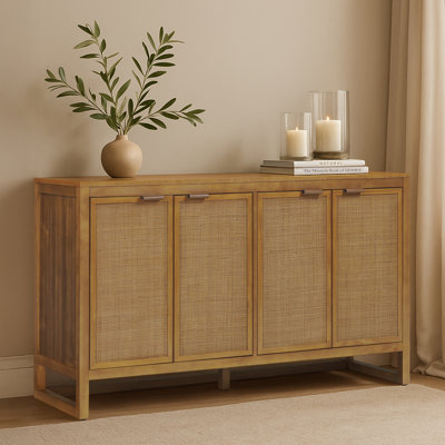 Modern Boho Solid Wood Sideboard Cabinet with Rattan Inlay Doors, Adjustable Shelves & Soft-Close Storage