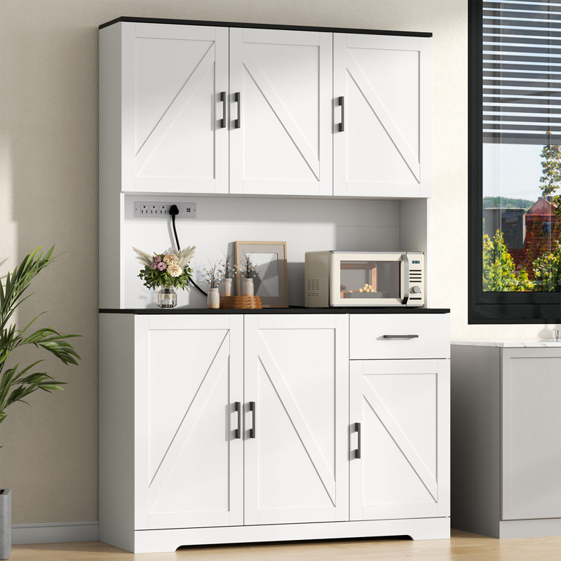 71 ‘’ Kitchen Pantry With Power Outlet, Black, White