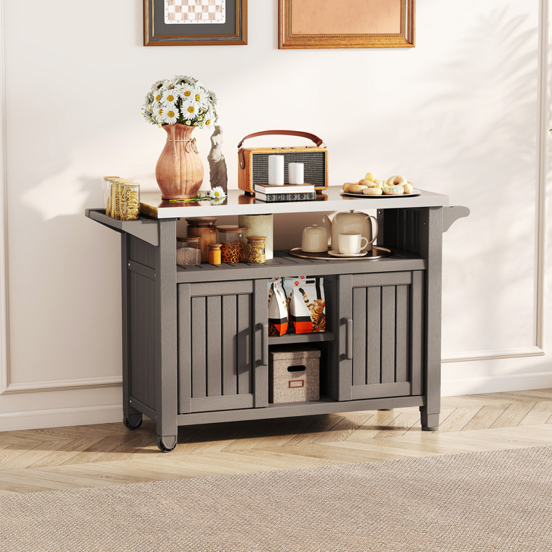 Chariot de cuisine avec grande armoire de rangement, chariot de salle à manger extérieur mobile, Grey