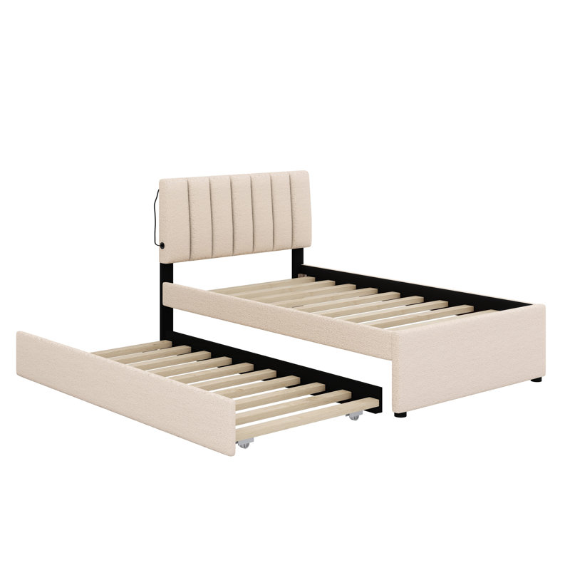 Upholstered Platform Bed With Trundle, Beige