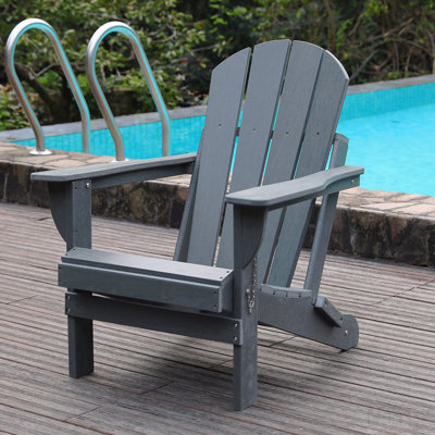 Adirondack Folding Chair With Dual Cup Holders - Hdpe All-Weather Outdoor Chairs, Wood-Like Patio Chair For Backyard, Camping, Garden, Pool & Fire Pit, Grey